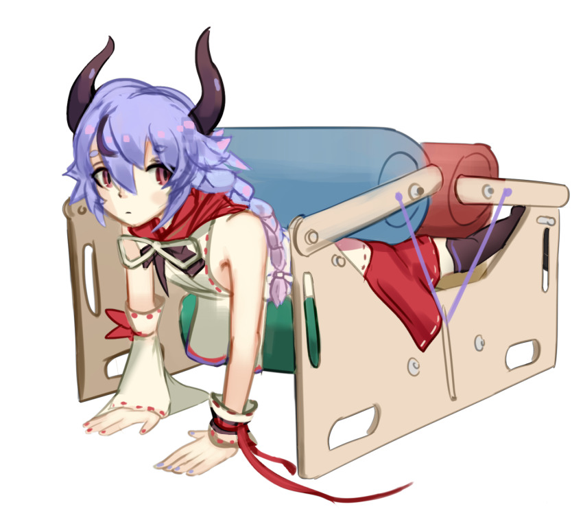 1other, blue_hair, braid, braided_ponytail, full_body, highres, horns, long_hair