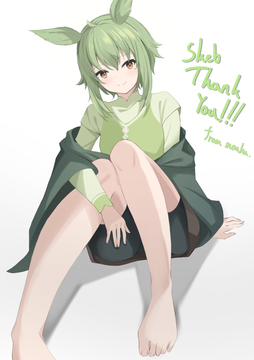 1other, absurdres, bare_legs, barefoot, bike_shorts, brown_hair, closed_mouth, commission, green_hair, hexadigital, hexadigital_(2nd_costume), highres, indie_virtual_youtuber, long_sleeves, looking_at_viewer, monster_girl, moukadot, other_focus, plant_girl, sitting, skeb_commission, smile, solo, solo_focus, virtual_youtuber