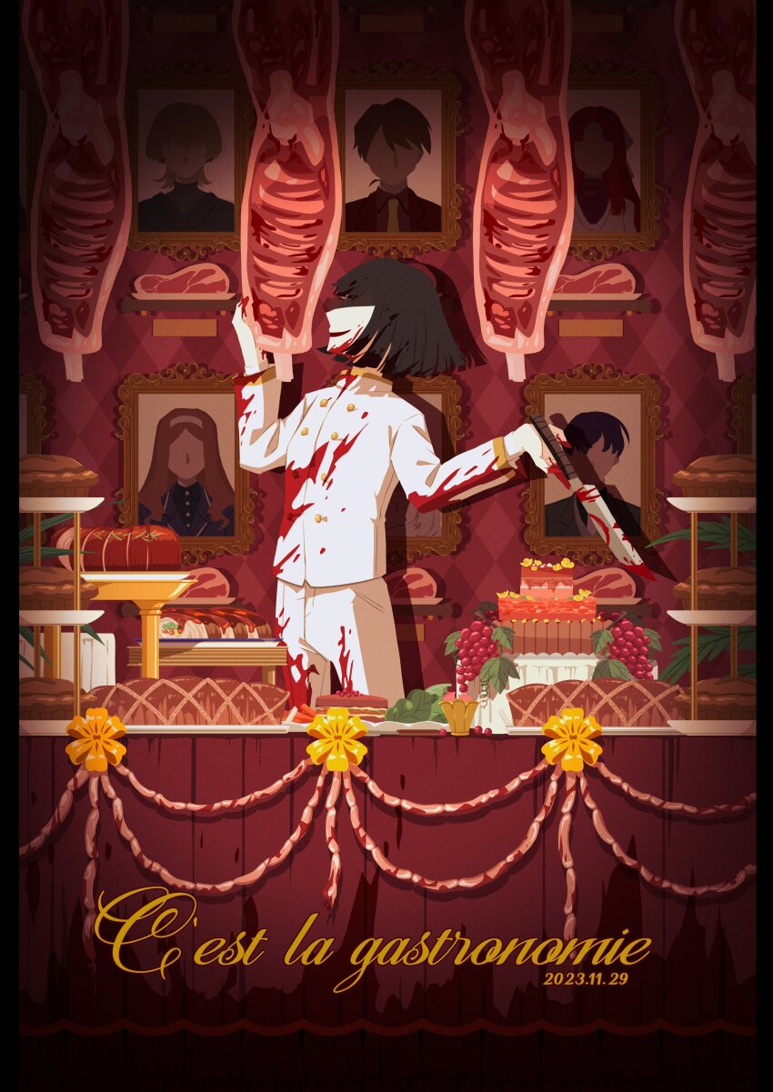 1girl, 6+others, absurdres, black_hair, blonde_hair, blood, blood_on_clothes, blood_on_face