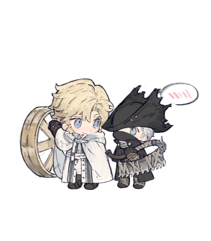 2boys, alfred_(bloodborne), black_headwear, blonde_hair, bloodborne, blue_eyes, brown_footwear, chibi