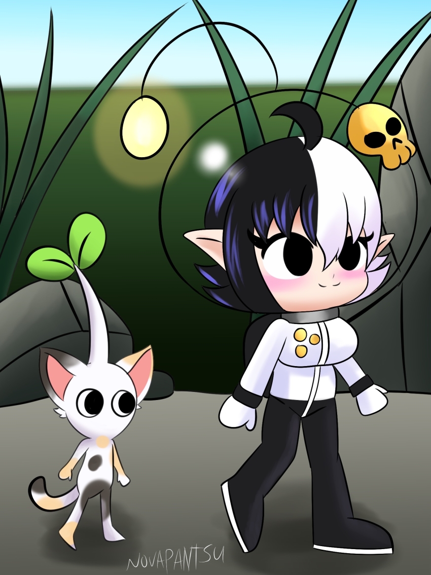 1girl, ahoge, anya_(novapantsu), artist_name, black_eyes, black_hair, blush, highres, indie_virtual_youtuber, looking_to_the_side, multicolored_hair, nintendo, novapantsu, pikmin_(series), pointy_ears, signature, skull_pin, smile, spacesuit, stariaat, two-tone_hair, virtual_youtuber, white_hair