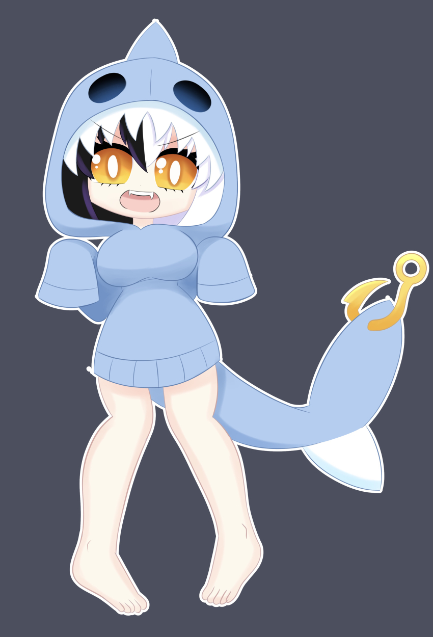 1girl, absurdres, animal_costume, anya_(novapantsu), barefoot, black_hair, blue_hoodie, breasts