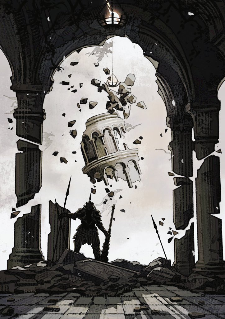 1boy, arch, bernahl_(elden_ring), commentary_request, dragon, elden_ring, floating, holding