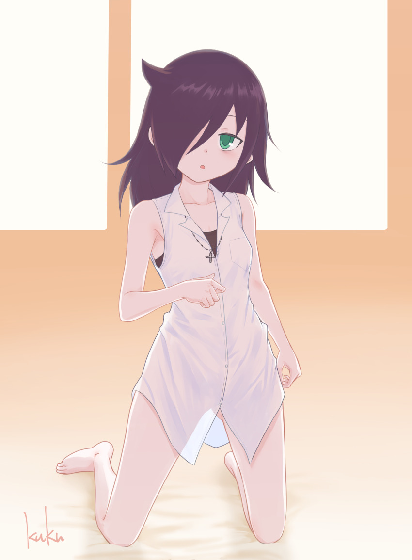 1girl, absurdres, armpits, artist_name, bare_shoulders, barefoot, bed_sheet, black_bra, black_hair, blush, bra, breast_pocket, breasts, chestnut_mouth, commentary, cross, cross_necklace, curled_fingers, gradient_background, green_eyes, hair_over_one_eye, hand_up, highres, jewelry, kneeling, kuku_(laser_beamer), kuroki_tomoko, long_hair, necklace, no_pants, parted_lips, pocket, ringed_eyes, see-through_silhouette, shirt, signature, sleeveless, sleeveless_shirt, small_breasts, solo, underwear, watashi_ga_motenai_no_wa_dou_kangaetemo_omaera_ga_warui!, white_shirt, window