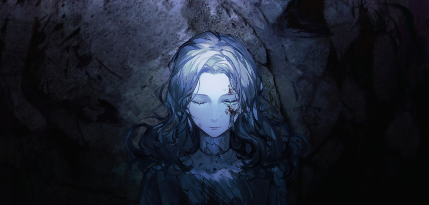 1girl, absurdres, amenohi, blood, blood_on_chest, blood_on_face, blue_hair, breasts