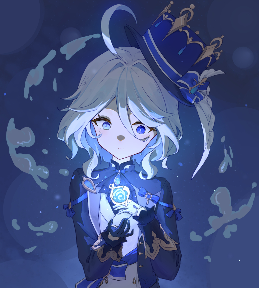 1girl, absurdres, airaila, black_gloves, blue_eyes, blue_hair, blue_hat, blue_jacket