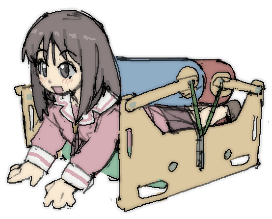 1girl, :d, azumanga_daiou, brown_eyes, brown_hair, female_focus, kasuga_ayumu, long_sleeves, meme, open_mouth, pantsu-ripper, sensory_roller, sketch, smile, solo