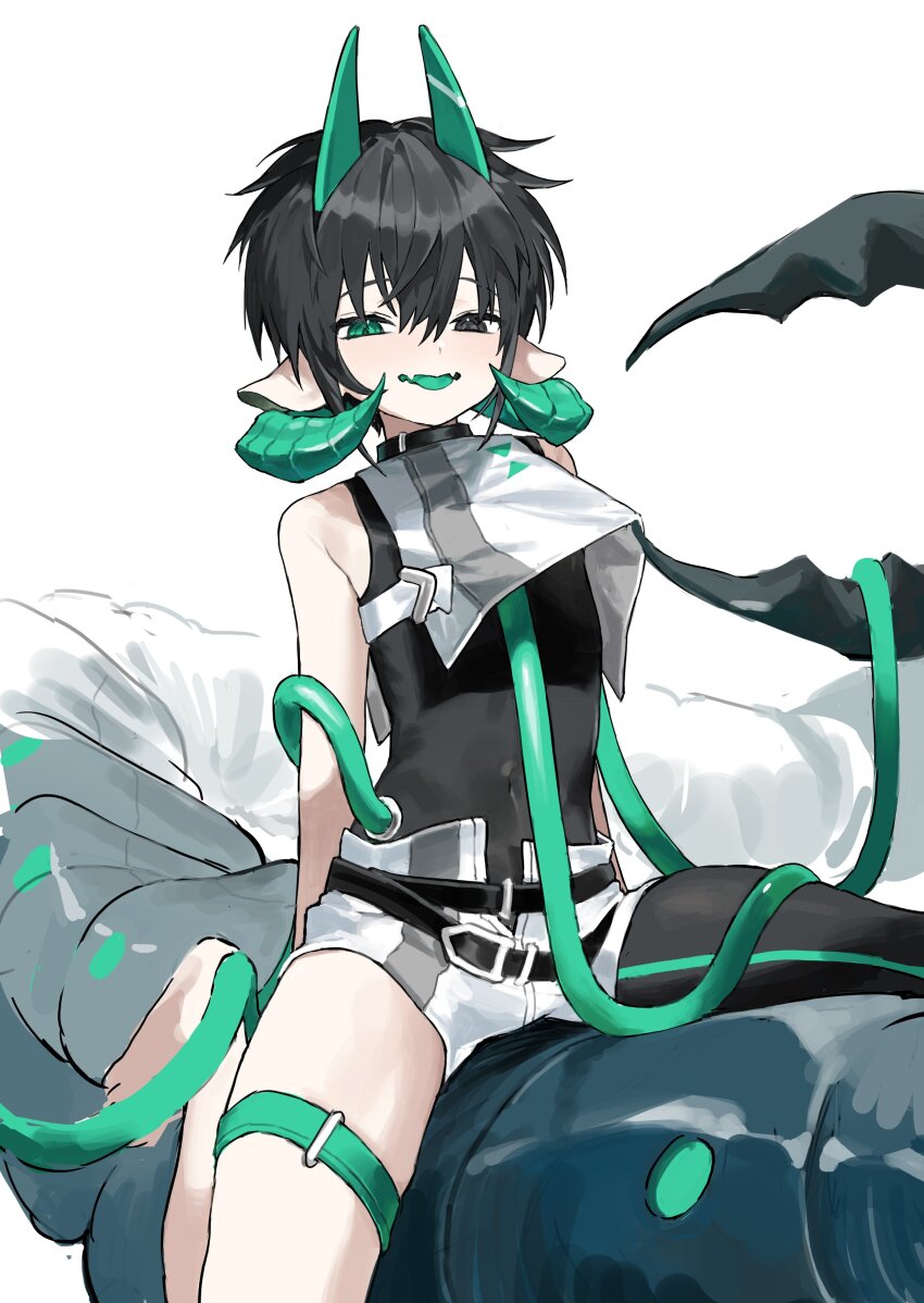 1boy, absurdres, animal_ears, arthropod_boy, asymmetrical_legwear, bare_shoulders, belt, black_eyes, black_hair, centipede_boy, colored_tongue, covered_navel, fangs, green_eyes, green_horns, green_tongue, hair_between_eyes, heterochromia, highres, horns, looking_at_viewer, male_focus, monster, monster_boy, open_clothes, open_fly, open_mouth, open_shorts, original, pincers, seeshin_see, shirt, short_hair, shorts, solo, straddling, white_background, white_shirt