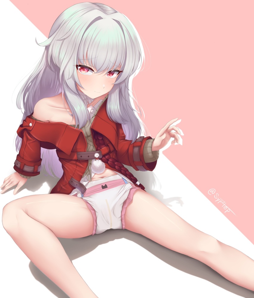 clara_(honkai:_star_rail), diaper, diaper_under_clothes, highres, honkai:_star_rail, honkai_(series), legs, loli, long_hair, looking_at_viewer, pink_diaper, red_eyes, white_hair