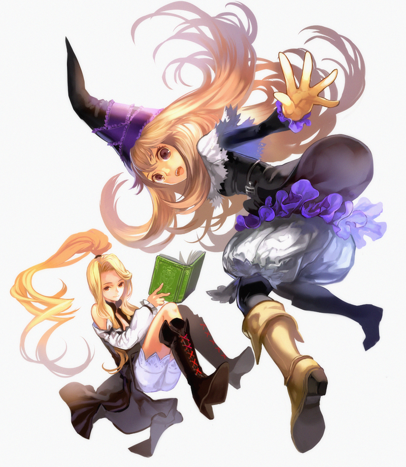 2girls, amaretto_virgine, amoretta_virgine, blonde_hair, book, boots, brown_eyes, grimgrimoire, hat, jimu_kaji, kajimiya_(kaji), knee_boots, lillet_blan, long_hair, multiple_girls, ponytail, simple_background, smile, vanillaware, witch_hat, wizard_hat