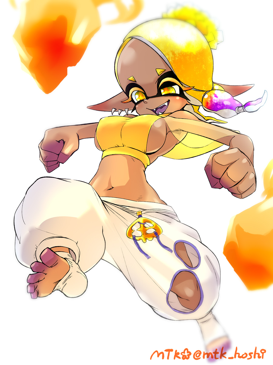 1girl, baggy_pants, blonde_hair, breasts, dark-skinned_female, dark_skin, fangs, frye_(splatoon), full_body, highres, inkling, large_breasts, mtk_hoshi, navl, nintendo, open_mouth, pants, smile, solo, splatoon_(series), splatoon_3, tentacle_hair, toeless_footwear, torn_clothes, torn_pants, white_background, yellow_eyes