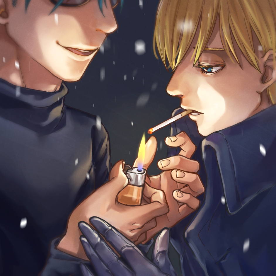 2boys, acca_13-ku_kansatsu-ka, black_gloves, blonde_hair, blue_eyes, blue_hair, gloves, head_out_of_frame