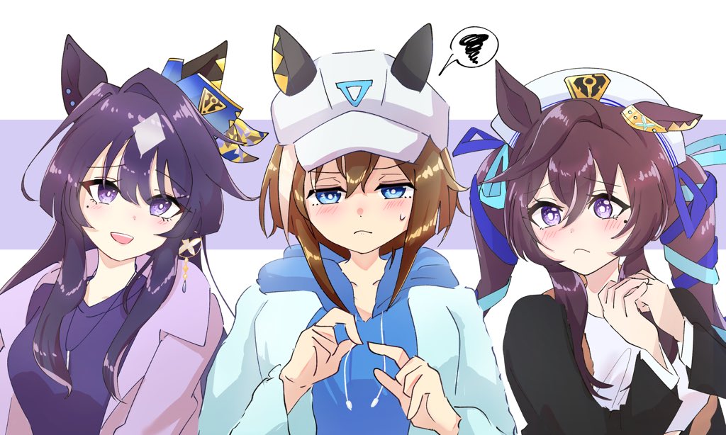 3girls, animal_ears, baseball_cap, blue_eyes, blue_sweater, blush, bob_cut, bright_pupils, brown_hair, cheval_grand_(umamusume), ear_covers, hair_between_eyes, hat, hood, hooded_sweater, horse_ears, horse_girl, inverted_bob, jewelry, long_hair, looking_at_another, looking_at_viewer, mole, mole_under_eye, multicolored_hair, multiple_girls, necklace, peaked_cap, purple_eyes, purple_hair, purple_shirt, purple_sweater, sailor_hat, shirt, short_hair, siblings, single_ear_cover, sisters, spoken_squiggle, squiggle, streaked_hair, sweater, twintails, umamusume, upper_body, uru1_san, verxina_(umamusume), vivlos_(umamusume), white_hair, white_headwear
