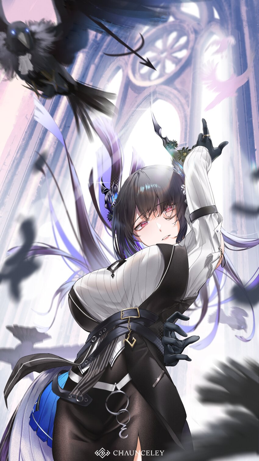 1girl, absurdres, arm_behind_back, arm_up, artist_name, asymmetrical_horns, belt, bird