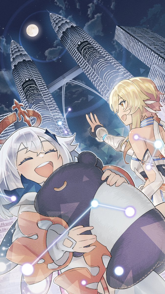 2girls, blonde_hair, closed_eyes, dress, fingerless_gloves, full_moon, genshin_impact, gloves, hair_between_eyes, hair_ornament, halo, highres, kyouyasai4423, long_hair, long_sleeves, lumine_(genshin_impact), malaysia, moon, multiple_girls, night, open_mouth, paimon_(genshin_impact), petronas_twin_towers, romper, short_hair, sky, smile, stuffed_animal, stuffed_toy, tower, white_dress, white_hair, white_romper, yellow_eyes