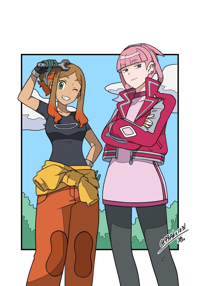 2girls, 99akt1031, absurdres, black_shirt, blunt_bangs, closed_mouth, cloud, day