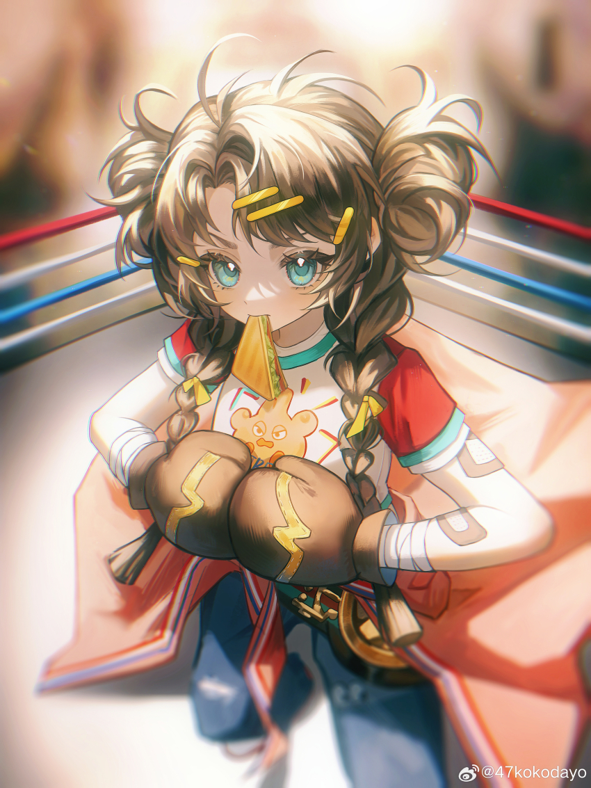 1girl, 47ko, absurdres, ahoge, bandaged_arm, bandages, belt, blue_eyes