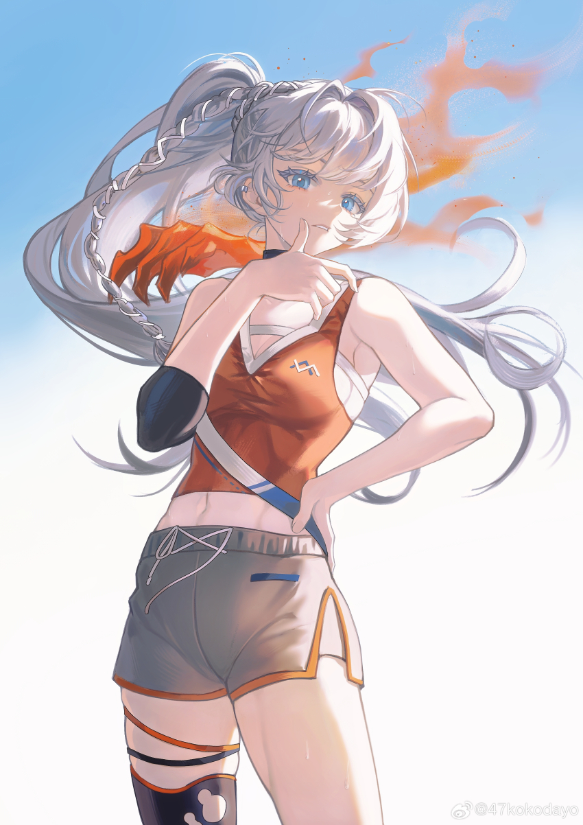 1girl, 47ko, absurdres, bare_shoulders, black_thighhighs, blue_background, blue_eyes, braid