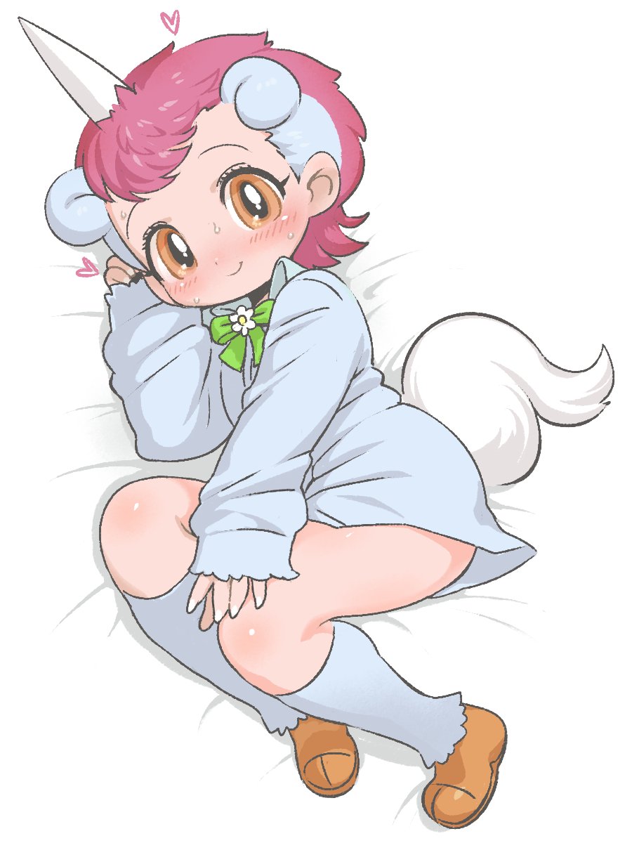 1girl, bed, blue_hair, blush, bow, bowtie, brown_eyes, full_body