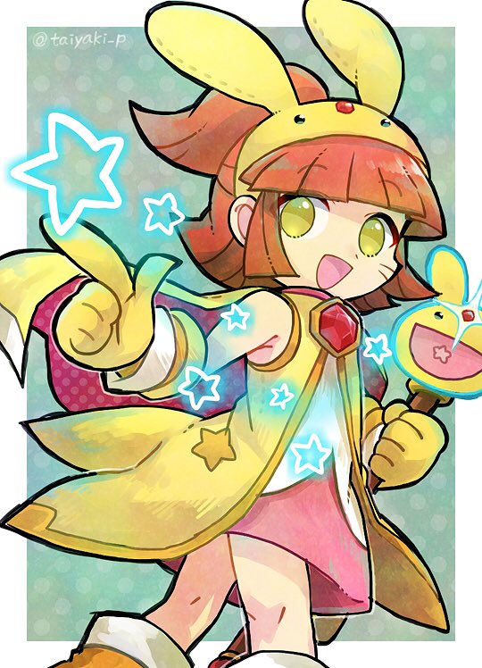 1girl, arle_nadja, border, brown_hair, carbuncle_(puyopuyo), carbuncle_(puyopuyo)_(cosplay), coat, cosplay, doradorakingyo, gem, holding, holding_staff, looking_at_viewer, open_mouth, pink_skirt, ponytail, puyopuyo, puyopuyo_quest, red_gem, shirt, skirt, sleeveless, sleeveless_coat, solo, staff, star_(symbol), twitter_username, white_border, white_shirt, yellow_coat, yellow_eyes