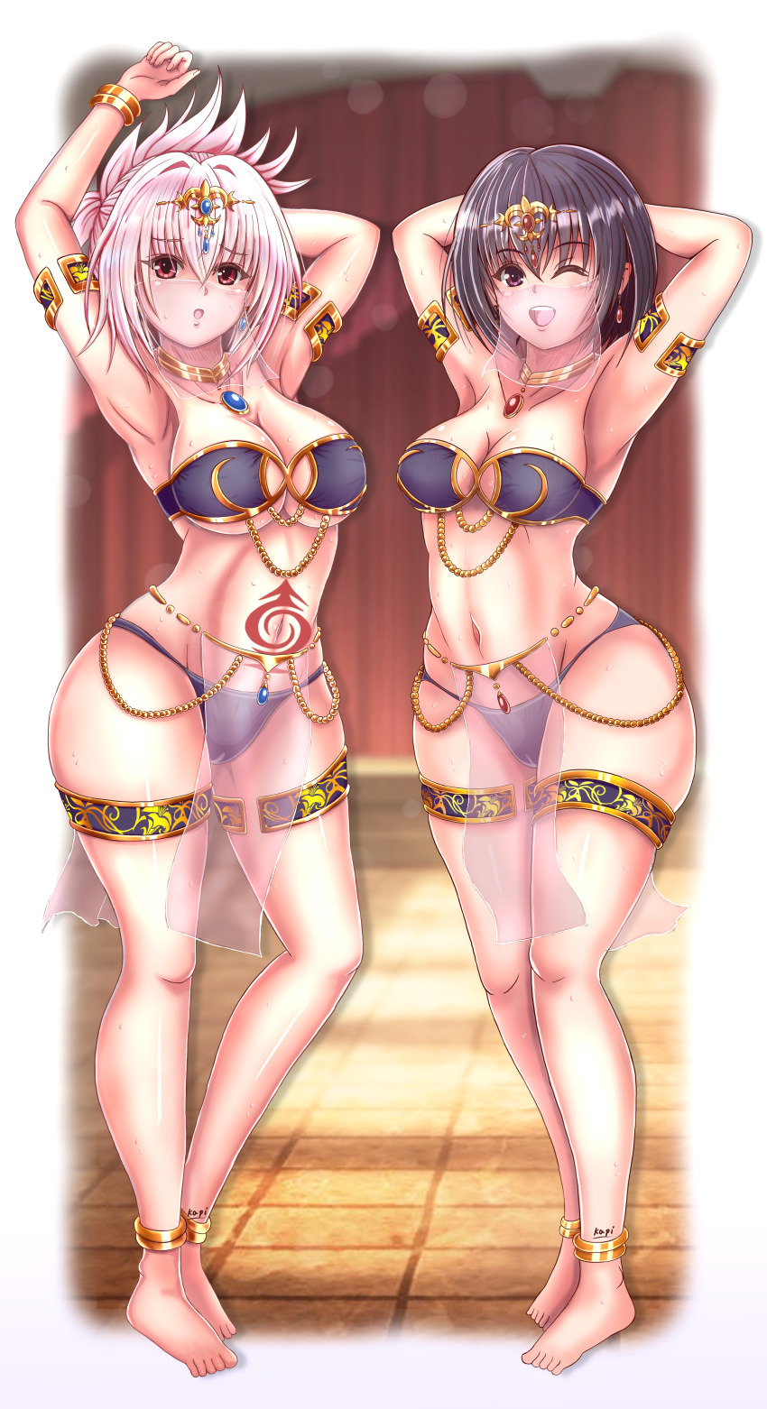 2girls, absurdres, anklet, armlet, ayakashi_triangle, big_kapipara, breasts, cleavage