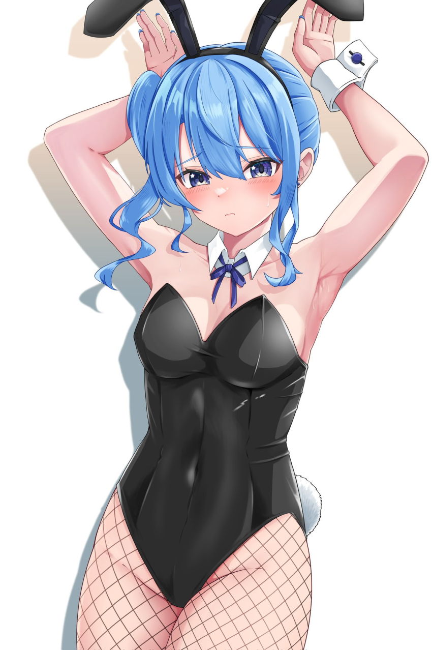 1girl, animal_ears, armpits, arms_up, black_leotard, blue_eyes, blue_hair, blue_nails