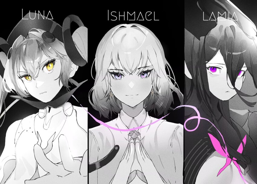 3girls, breast_curtains, character_name, cross, cross_earrings, dress, earrings, floating_headgear