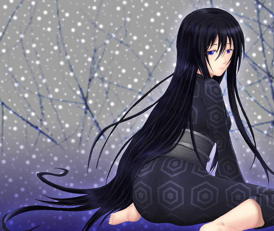 1girl, black_hair, blue_eyes, fatal_frame, fatal_frame_iii:_the_tormented, female_focus, hitoshi_hitoshi, japanese_clothes, kimono, kuze_kyouka, long_hair, shihito_taira, snow, solo