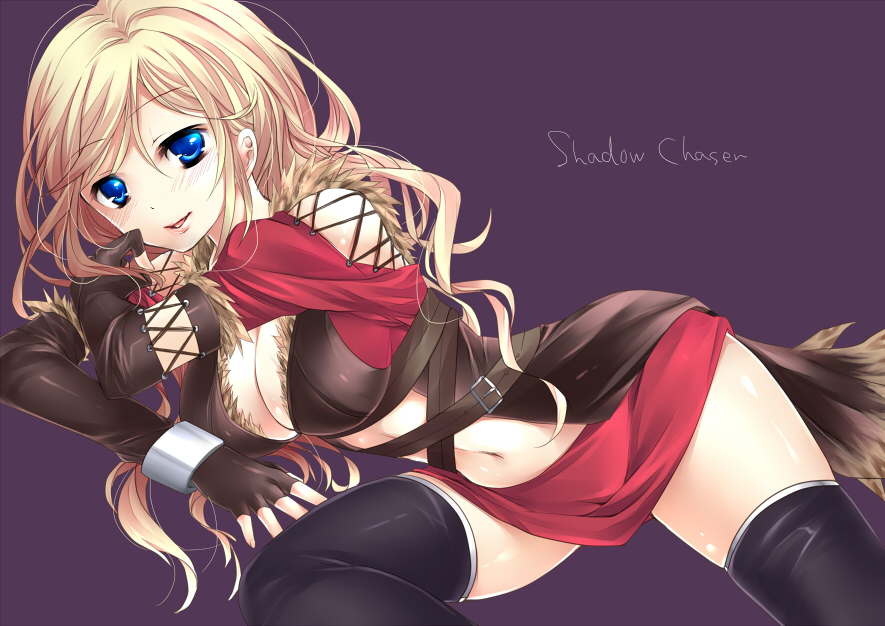1girl, black_thighhighs, blonde_hair, blue_eyes, breasts, cleavage, female_focus, fingerless_gloves, gloves, large_breasts, legs, long_hair, lying, miniskirt, navel, on_side, ragnarok_online, shadow_chaser_(ragnarok_online), skirt, solo, sorai_shin'ya, thighhighs, thighs