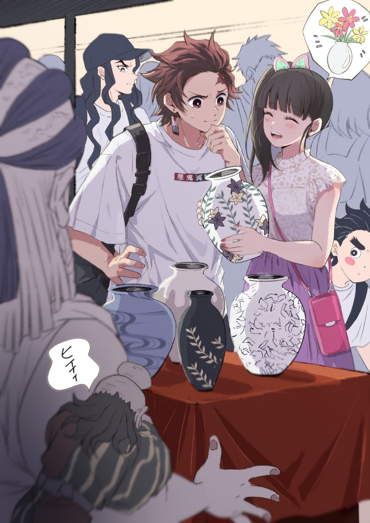 1girl, 3boys, alternate_costume, bag, black_hair, butterfly_hair_ornament, closed_mouth, dress