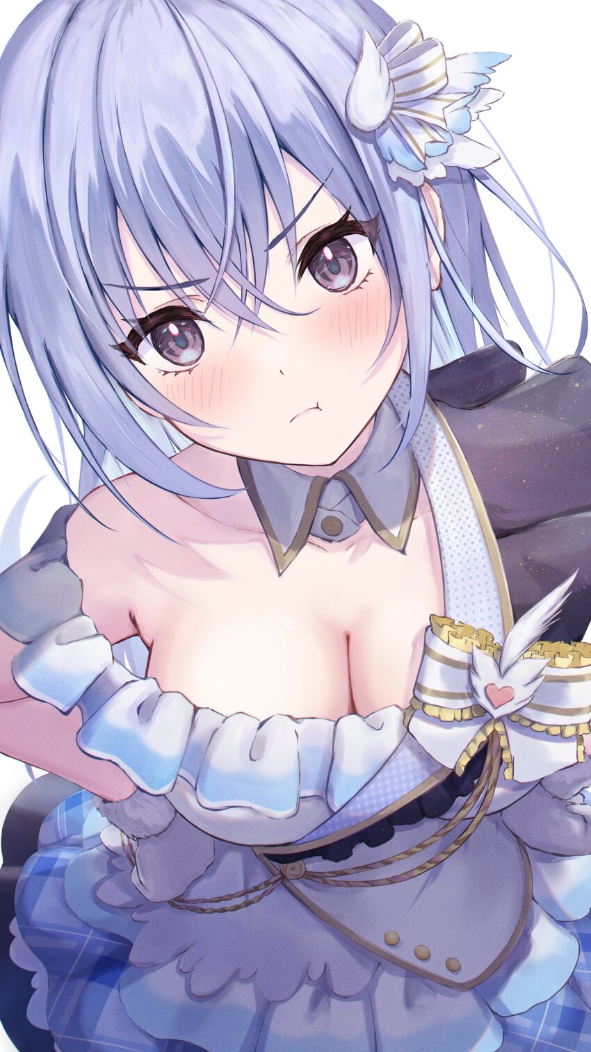 1girl, :t, absurdres, asymmetrical_clothes, beyond_the_bluesky_(idolmaster), blue_hair, blush, breasts