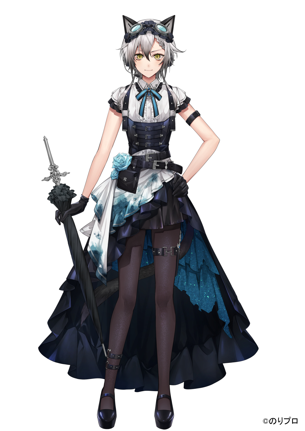 1girl, alternate_costume, animal_ears, ankle_strap, arm_strap, belt, belt_buckle, belt_pouch