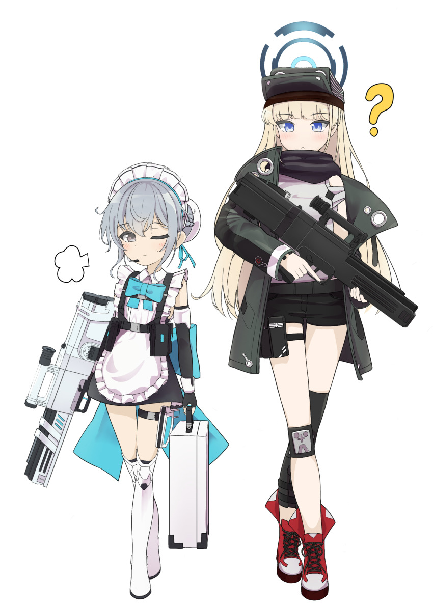 2girls, ?, absurdres, alternate_costume, apron, aqua_bow, assault_rifle, asymmetrical_legwear, black_shorts, blue_archive, boots, bow, briefcase, bullpup, caseless_firearm, coat, cosplay, costume_switch, crossover, dhk117, earpiece, fingerless_gloves, full_body, g11_(girls'_frontline), g11_(girls'_frontline)_(cosplay), girls'_frontline, gloves, grey_hair, gun, h&amp;k_g11, halo, hat, high-capacity_magazine, highres, holding, holding_briefcase, holding_gun, holding_weapon, horizontal_magazine, knee_pads, maid, maid_apron, maid_headdress, multiple_girls, one_eye_closed, pouch, prototype_design, rifle, scarf, short_shorts, shorts, standing, thigh_pouch, toki_(blue_archive), toki_(blue_archive)_(cosplay), trigger_discipline, weapon, white_background