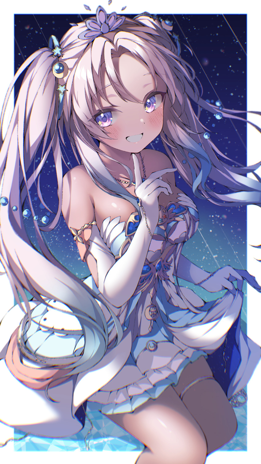 1girl, absent, absurdres, airani_iofifteen, airani_iofifteen_(sci-fi_princess), bare_shoulders, blue_hair, blurry, blush, bokeh, breasts, clothes_lift, collarbone, commentary, cowboy_shot, crescent, depth_of_field, dress, dress_lift, elbow_gloves, finger_to_own_chin, floating, floating_hair, floating_object, gloves, gradient_hair, grin, hair_ornament, highres, hololive, hololive_indonesia, jewelry, lifting_own_clothes, light_particles, long_hair, medium_breasts, multicolored_hair, necklace, purple_eyes, purple_hair, shooting_star, short_dress, sky, smile, solo, star_(sky), star_(symbol), star_hair_ornament, star_in_eye, starry_sky, strapless, strapless_dress, untranslatable_commentary, symbol_in_eye, teeth, thigh_strap, tiara, twintails, very_long_hair, virtual_youtuber, white_hair