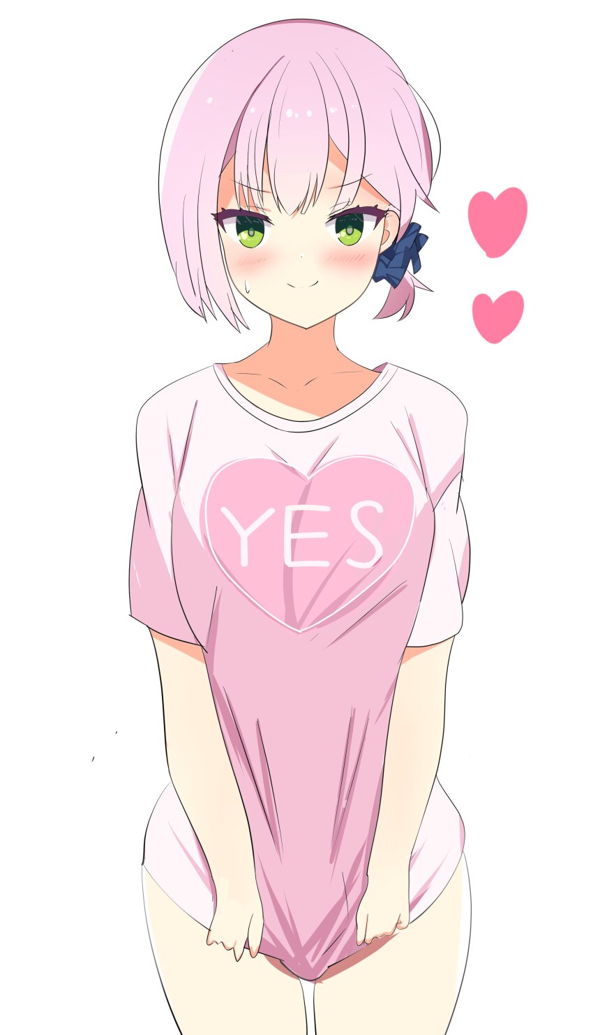 >:), 1girl, absurdres, blue_scrunchie, blush, cleveland1024, closed_mouth, collarbone, commentary_request, cowboy_shot, eyelashes, green_eyes, hair_between_eyes, hair_ornament, hair_scrunchie, heart, heart-shaped_pupils, heart_print, highres, looking_at_viewer, lovestruck, naked_shirt, pink_hair, pink_shirt, scrunchie, shirt, shirt_tug, short_hair, short_sleeves, simple_background, smile, smug, solo, split_mouth, standing, straight-on, sweatdrop, symbol-shaped_pupils, tanikaze_amane, tenshi_souzou_re-boot!, v-shaped_eyebrows, white_background, yes