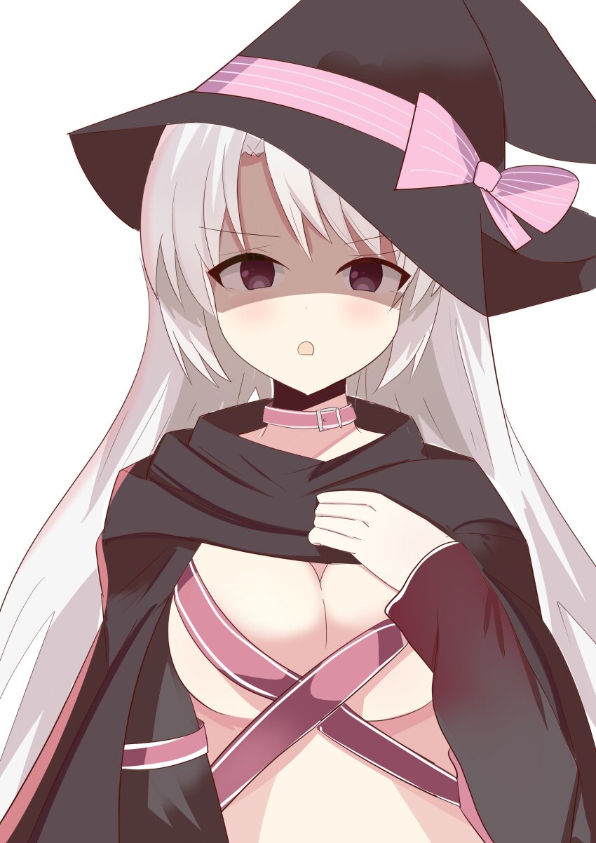 1girl, absurdres, angry, ayachi_nene, belt, belt_bra, belt_collar, black_cloak, black_eyes, black_hat, blush, bow, breasts, cleavage, cleveland1024, cloak, collar, commentary_request, grey_hair, hair_between_eyes, hand_on_own_chest, hand_up, hat, hat_bow, highres, large_breasts, long_hair, long_sleeves, looking_at_viewer, open_mouth, pink_belt, pink_bow, sanoba_witch, shaded_face, sidelocks, simple_background, solo, straight-on, straight_hair, upper_body, v-shaped_eyebrows, very_long_hair, white_background, witch_hat