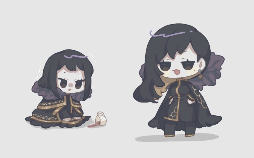 2girls, :3, binah_(project_moon), black_cape, black_dress, black_eyes, black_hair, black_pantyhose, blonde_hair, cape, chibi, colored_inner_hair, dancing, dress, earrings, ee_extension_02, full_body, gold_trim, highres, jewelry, library_of_ruina, multicolored_hair, multiple_girls, open_mouth, pan_kogekoge_ni_nacchatta_(utau), pantyhose, project_moon, simple_background, smile, white_background, zena_(project_moon)