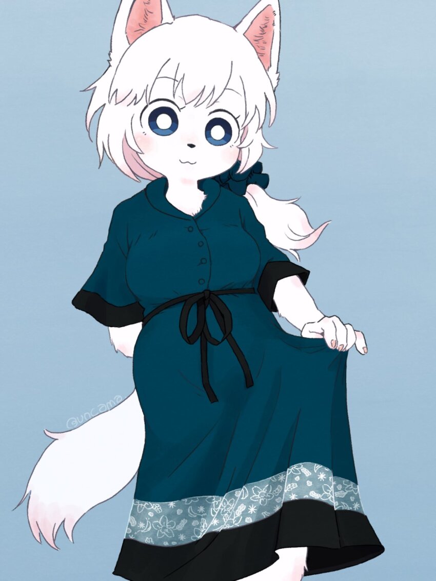 1girl, :3, animal_ears, aqua_dress, arm_behind_back, blue_background, blue_eyes, blush