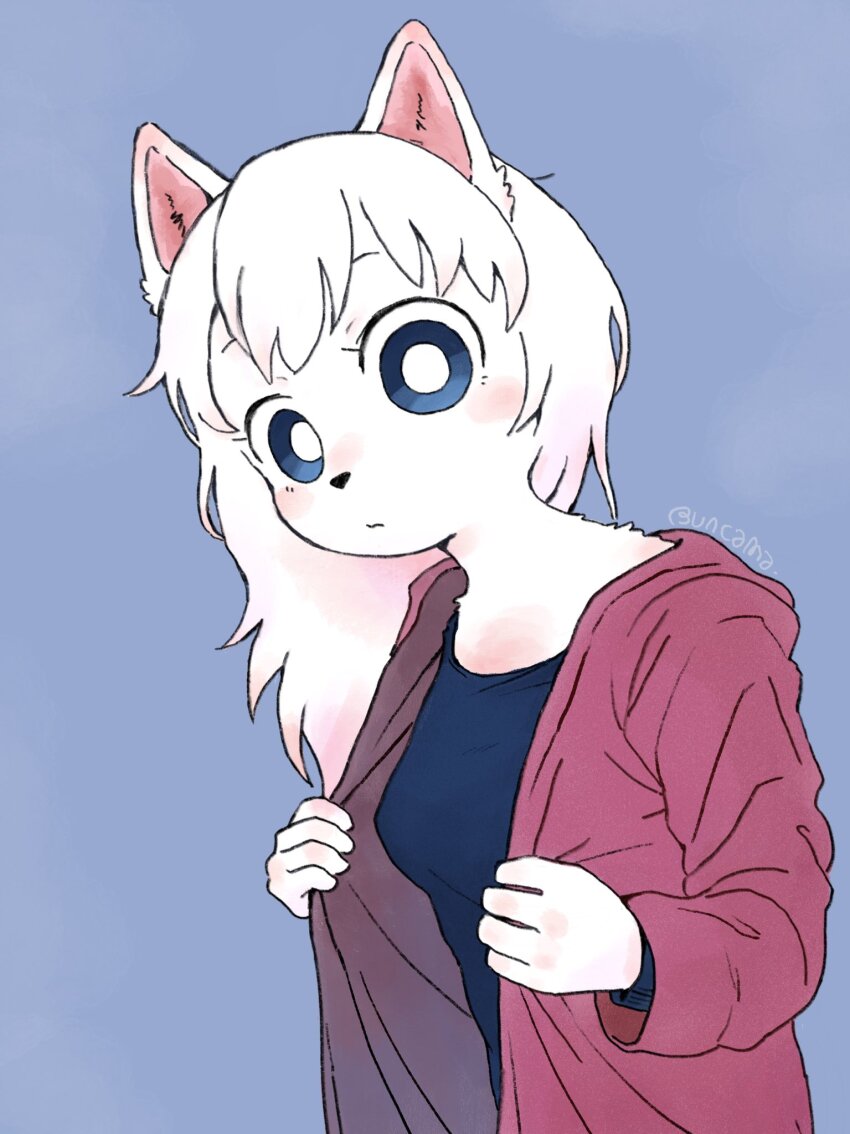 1girl, animal_ears, blue_background, blue_eyes, blue_shirt, body_fur, breasts, bright_pupils