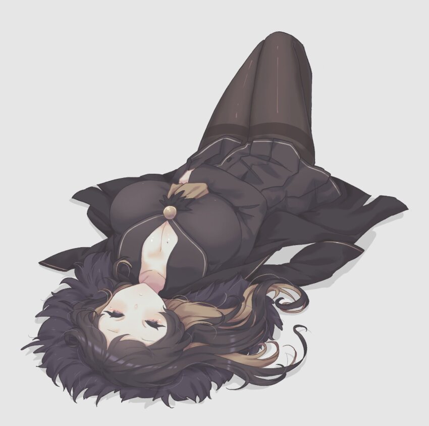 1girl, alternate_breast_size_(larger), binah_(project_moon), black_eyes, black_hair, black_pantyhose, black_skirt, blonde_hair