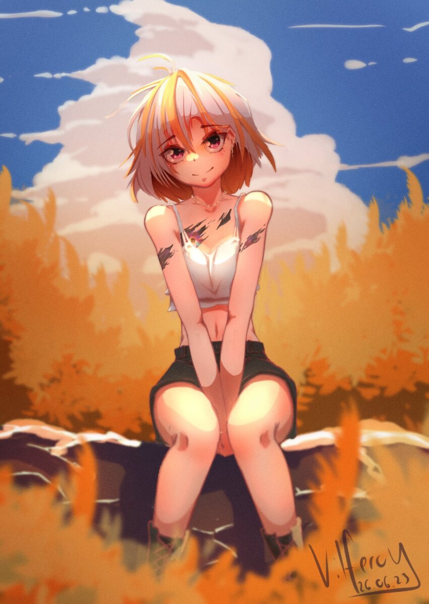 1girl, ankle_boots, antenna_hair, bare_arms, bare_shoulders, between_legs, black_boots, black_shorts