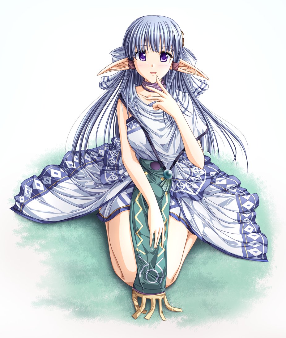1girl, blue_hair, elf, female_focus, kneeling, loincloth, long_hair, olha_(ys)