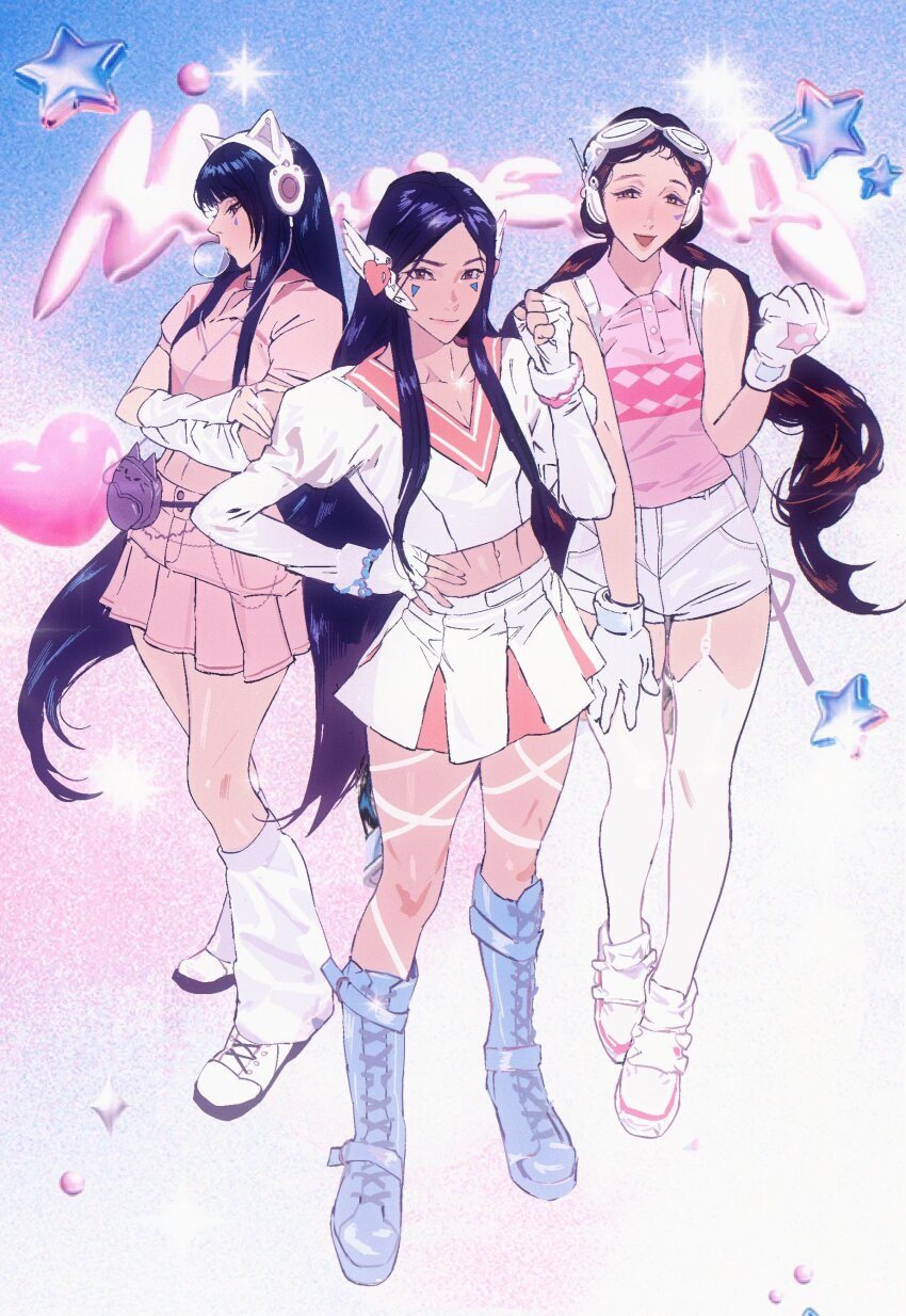 3girls, absurdres, animal_ear_headphones, animal_ears, animification, black_hair, blue_footwear, boots