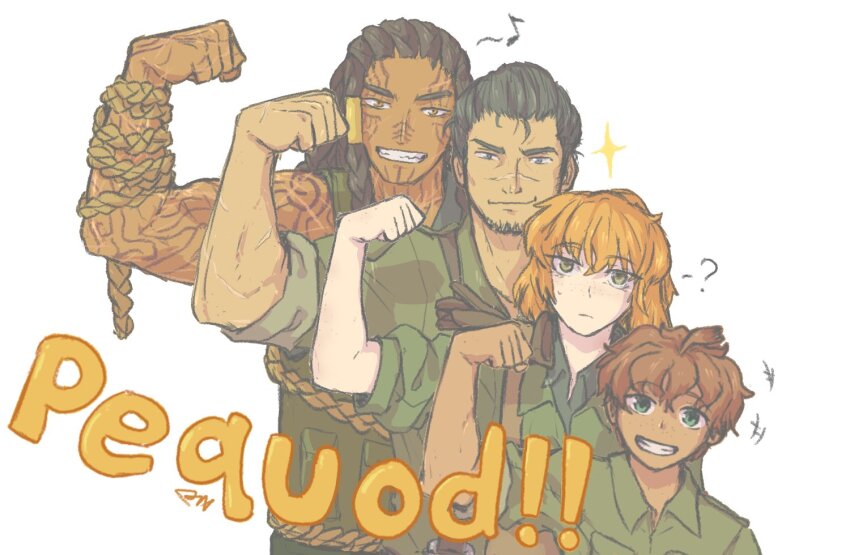 2boys, 2girls, ?, arm_tattoo, black_hair, brown_hair, commentary, dark-skinned_female