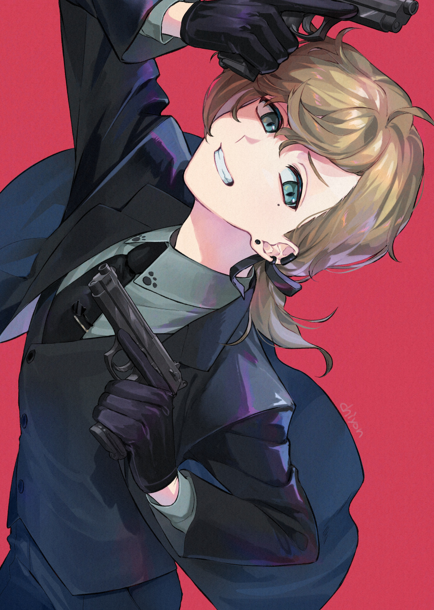 1boy, annoyed, arched_back, black_gloves, black_jacket, black_necktie, black_pants, black_ribbon