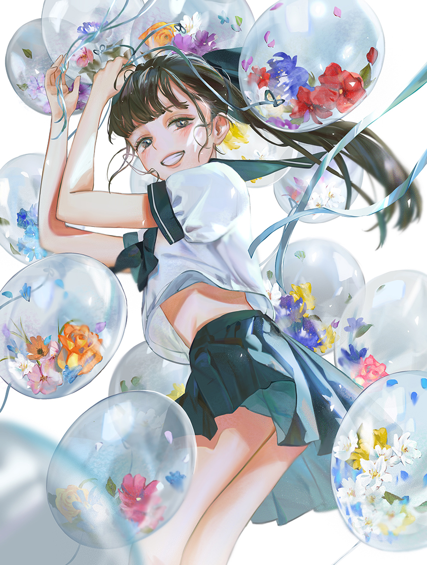 1girl, arms_up, balloon, black_eyes, black_hair, blunt_bangs, blush, flower