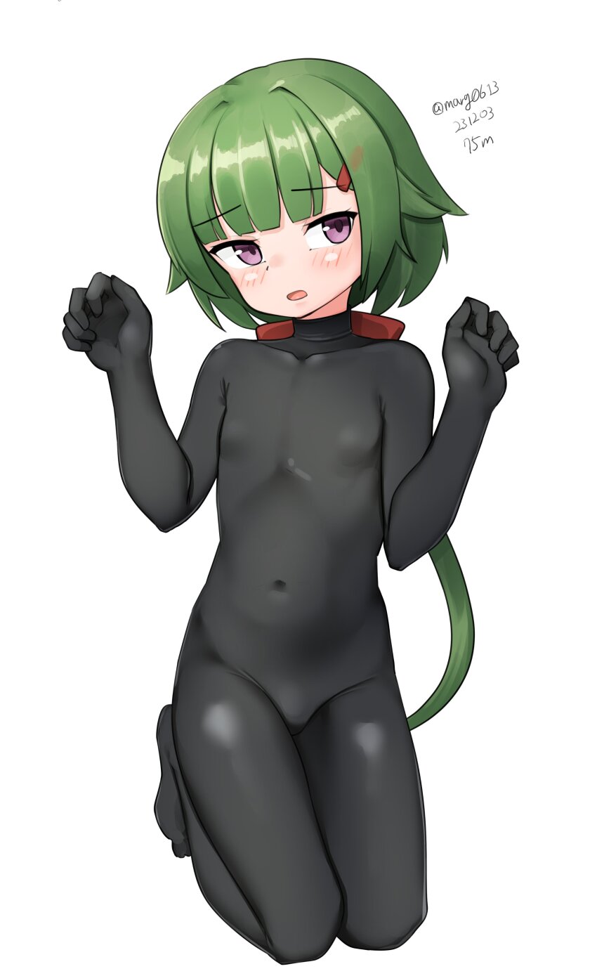 1girl, absurdres, black_bodysuit, bodysuit, breasts, covered_navel, full_body, green_hair, highres, kantai_collection, kneeling, long_hair, low_ponytail, maru_(marg0613), noumi_(kancolle), one-hour_drawing_challenge, ponytail, purple_eyes, simple_background, small_breasts, solo, twitter_username, white_background