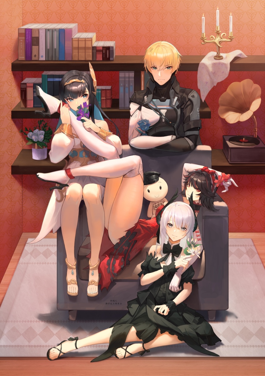 1boy, 3girls, absurdres, bare_legs, bare_shoulders, black_bodysuit, black_bow, black_bowtie