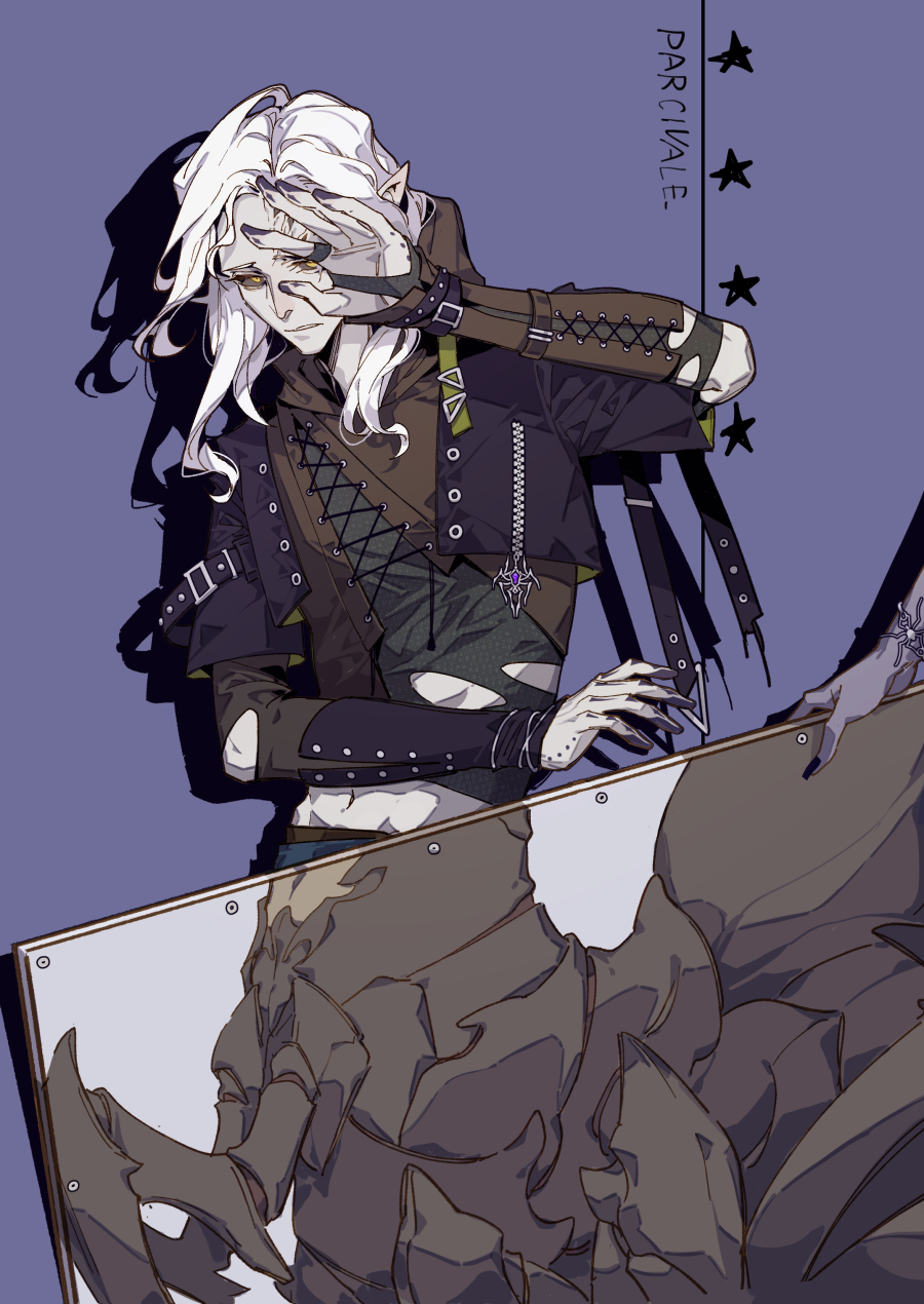 1boy, alternate_costume, arachne_boy, baldur's_gate, baldur's_gate_3, black_shirt, brown_vest, colored_sclera