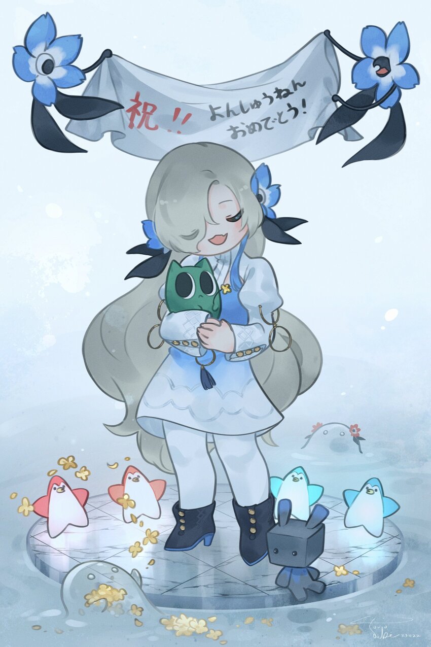 1girl, absurdres, banner, blue_dress, blue_hair, boots, closed_eyes, commentary_request